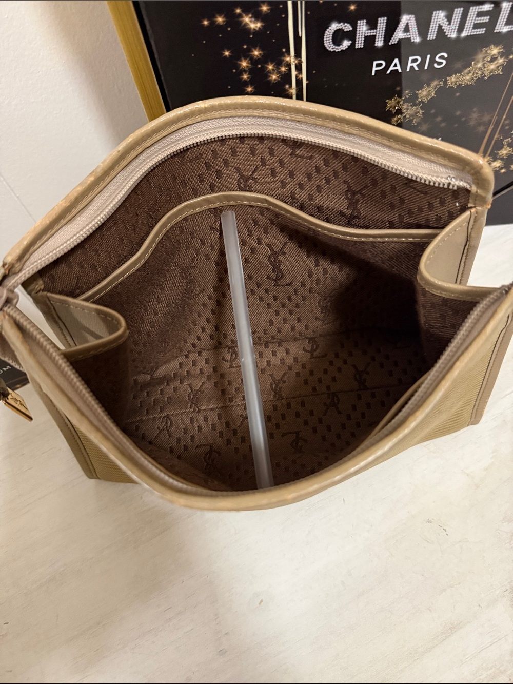 Yves Saint Laurent Gold Textured Toiletry Bag with YSL Oval Medallion - Picture 12 of 16